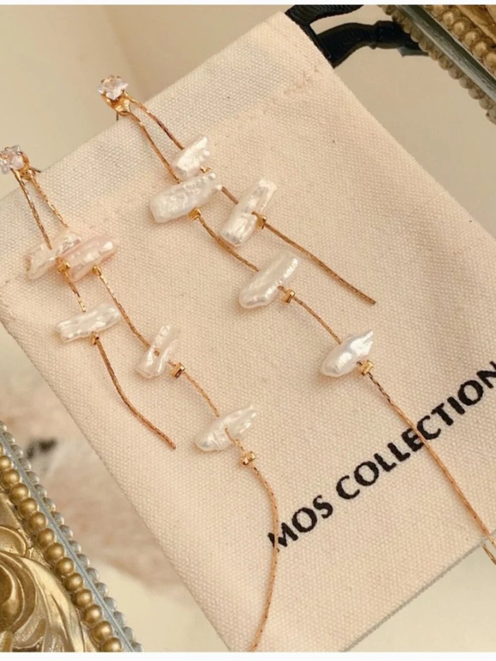 MOS Collection Freshwater Pearl Threader Earrings Gold Filled Long Dangle Bridal